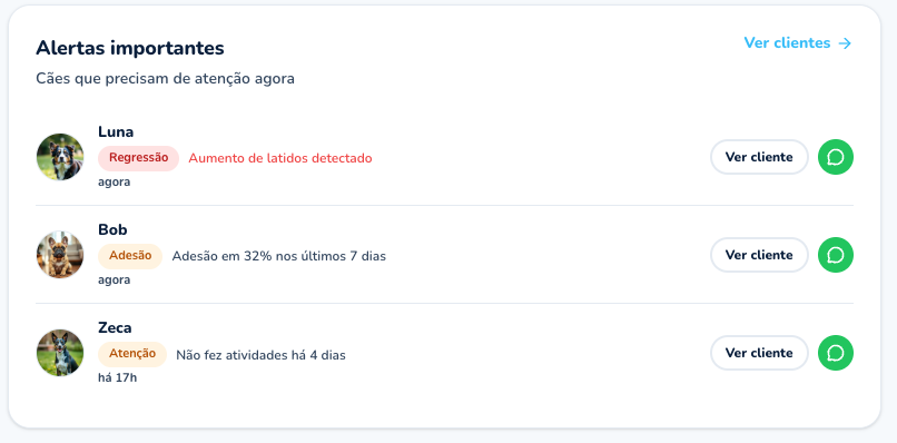 Card de alertas automáticos do PetAdestra