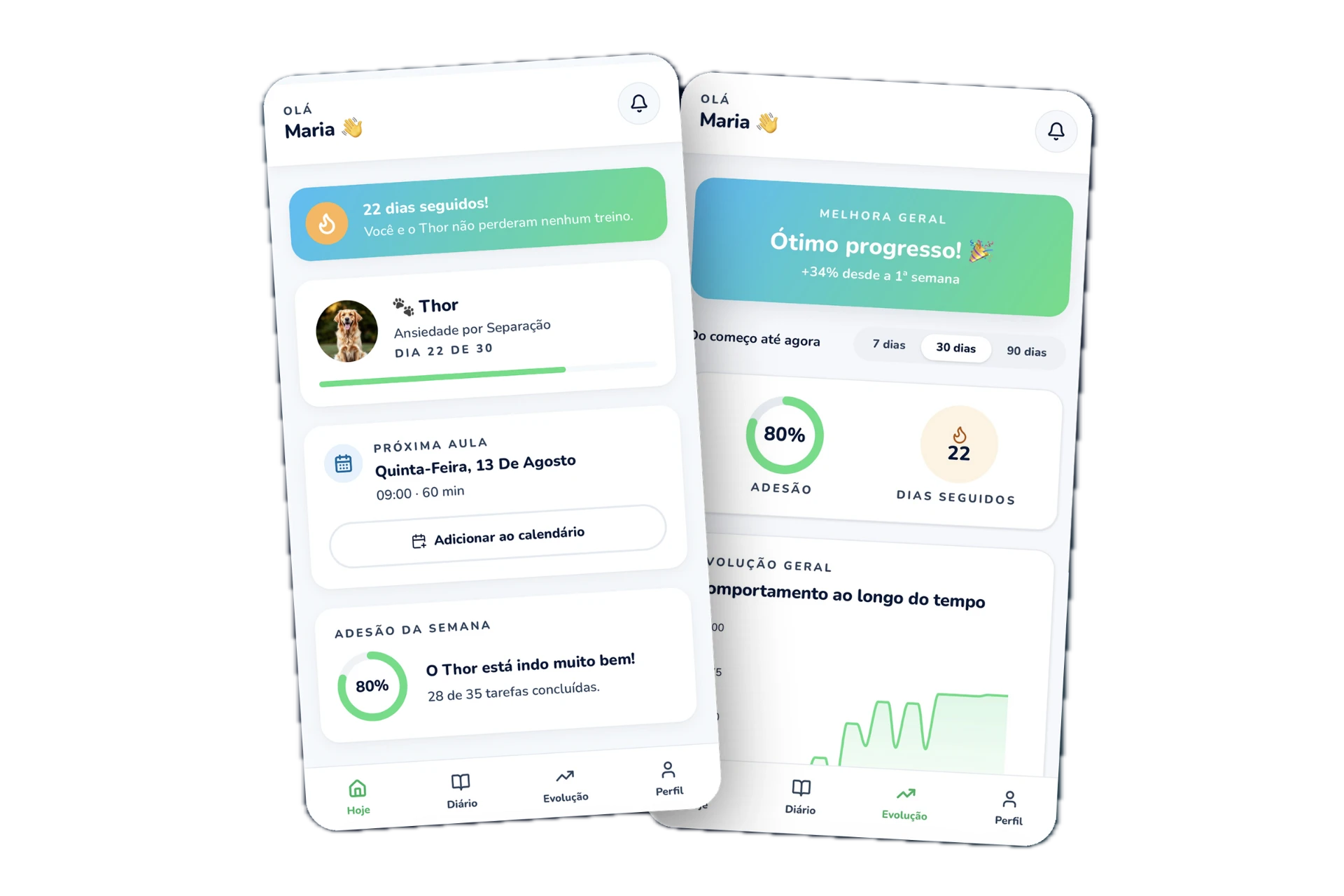 App do tutor no celular: tela Hoje e evolução
